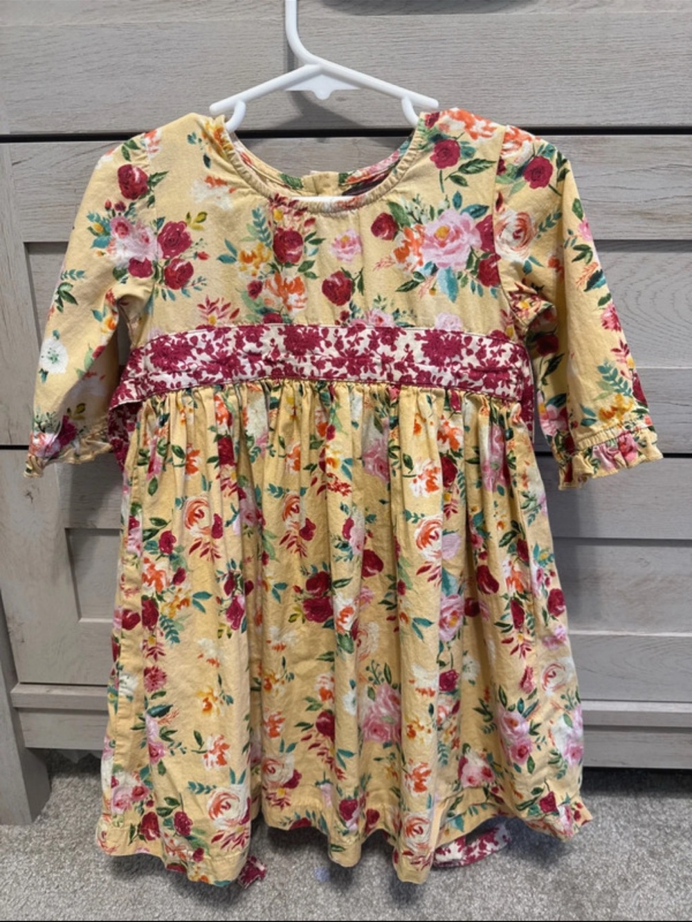 Mustard Pie Yellow Floral Long Sleeve Dress with Maroon Waistband